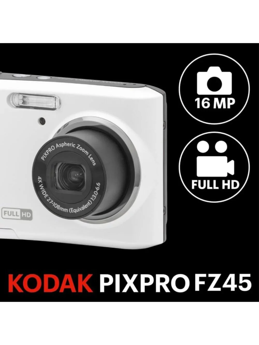 16MP Compact Digital Camera with 4X Optical Zoom, Lightweight, AA Battery, White